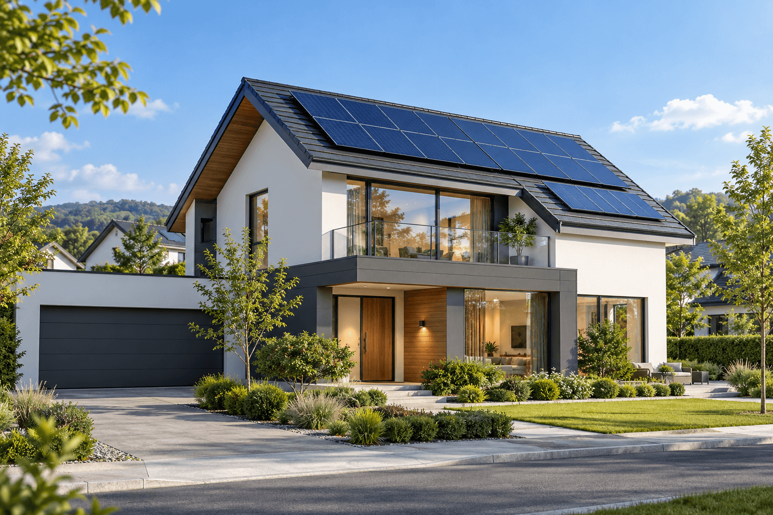 Modern residential home with rooftop solar panels