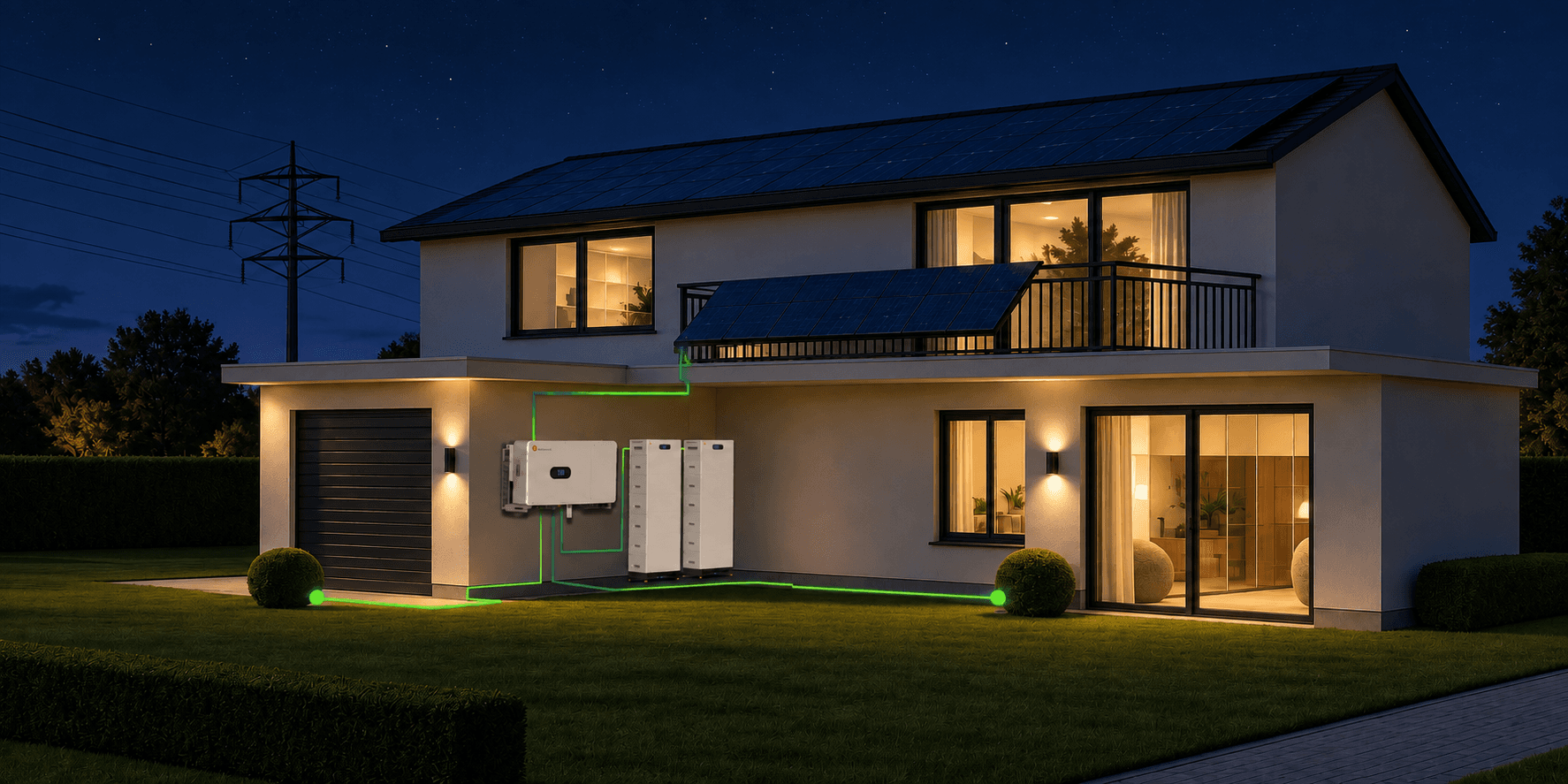 A solar-powered home using stored battery energy at night